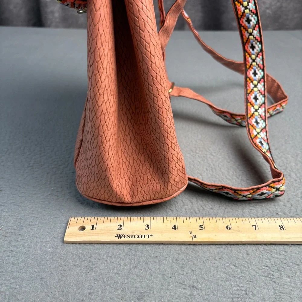Boho Mini Backpack Terracotta Faux Leather Woven Geometric Pom Pom Trim Pink
